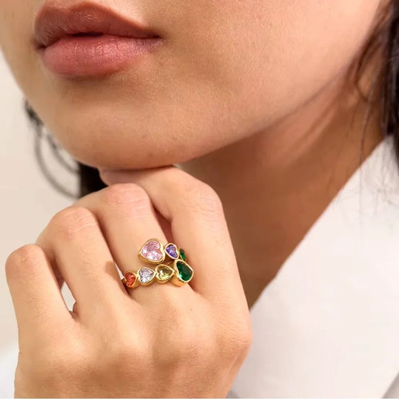 Diva Multicolor Crystal Heart 18K Gold Stainless Steel Waterproof Ring - Picture 15 of 17